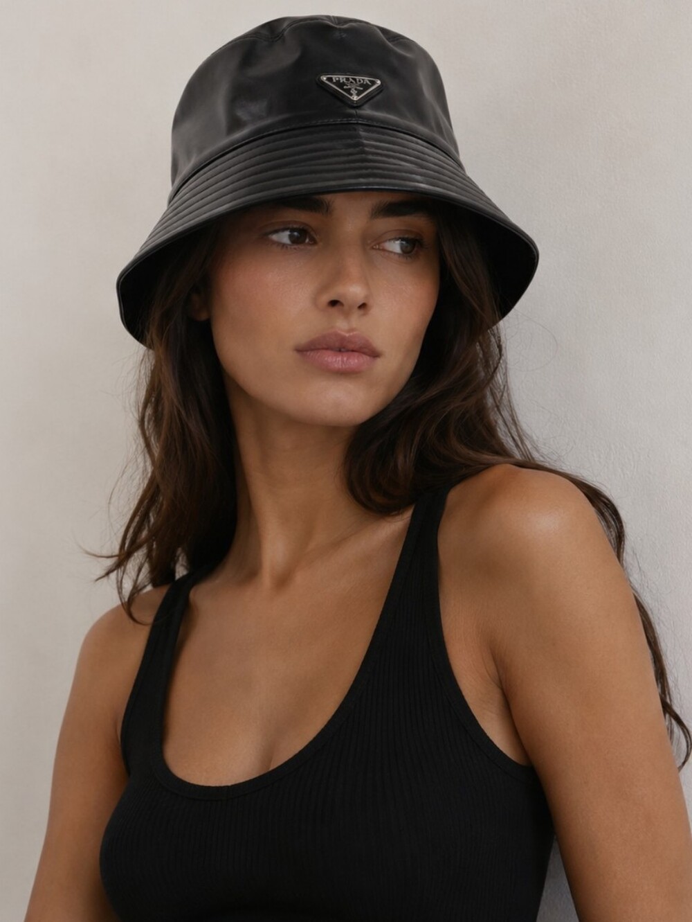 Prada Black Leather Bucket Hat with Triangle Logo Plaque